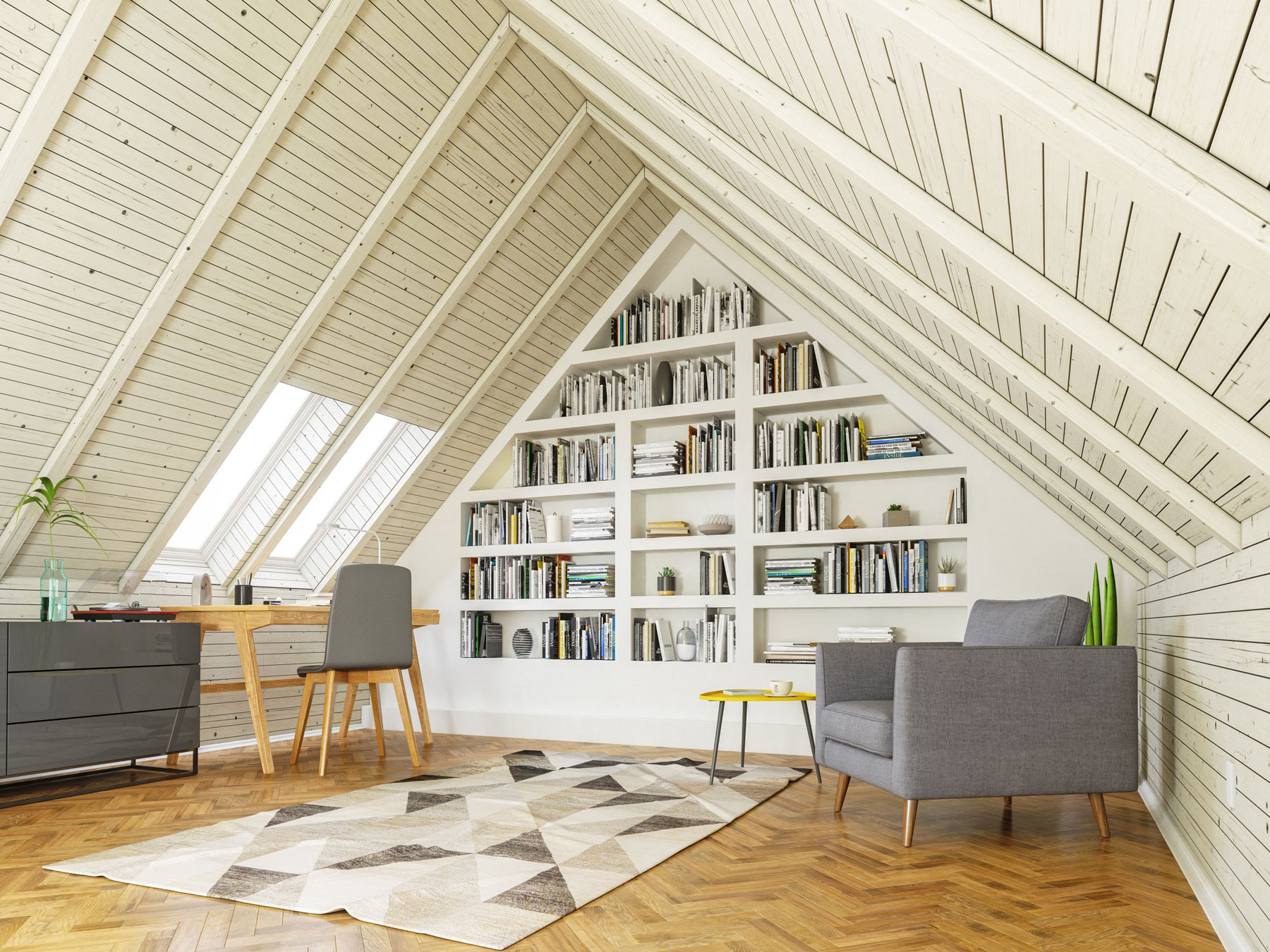 Una biblioteca en casa: una habitación en el ático con muchos libros