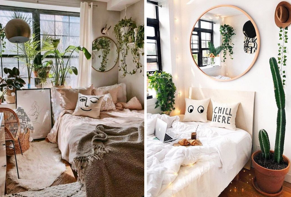 Dormitorio bohemio con plantas