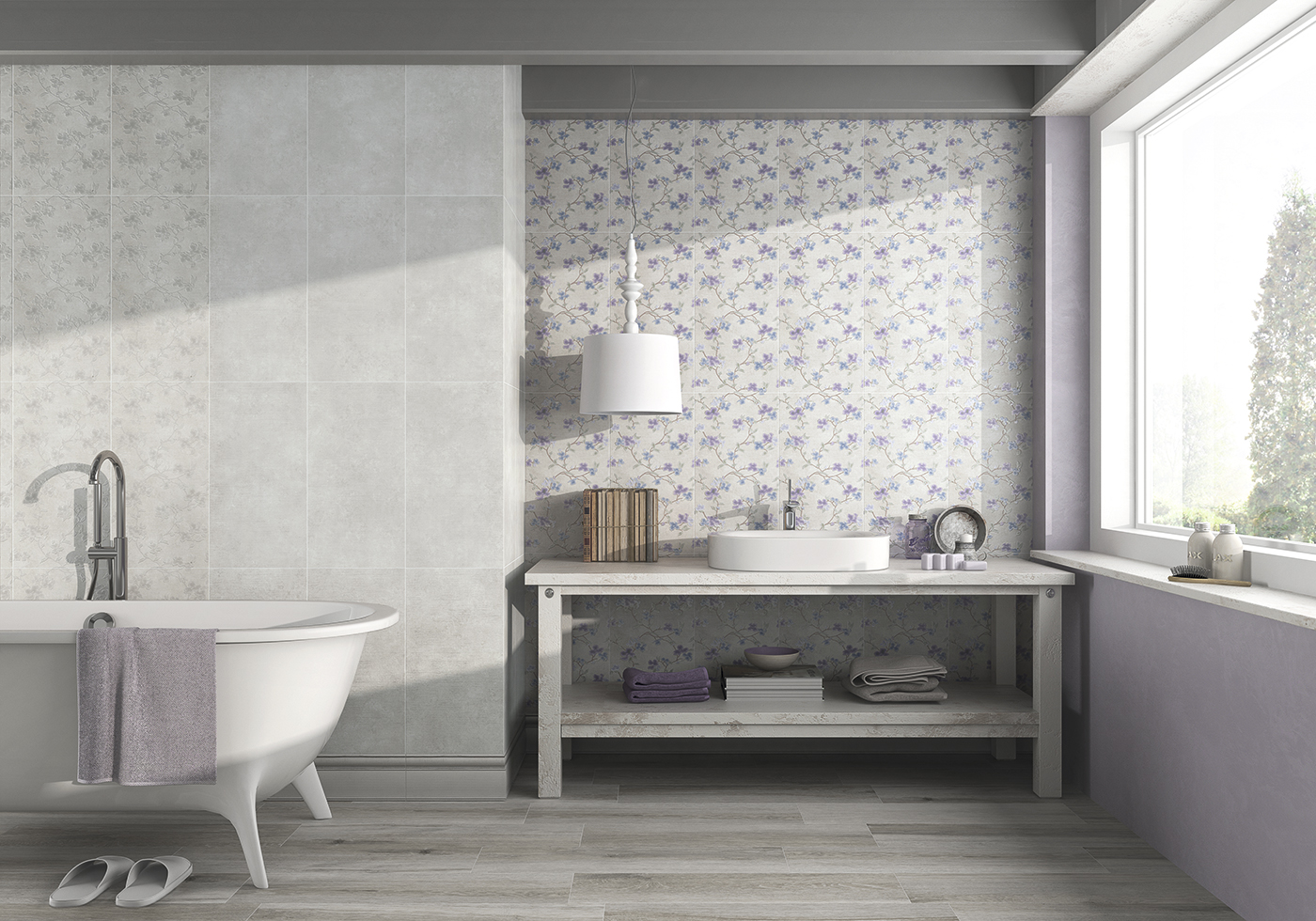 Idee per il bagno grigio - accenti floreali