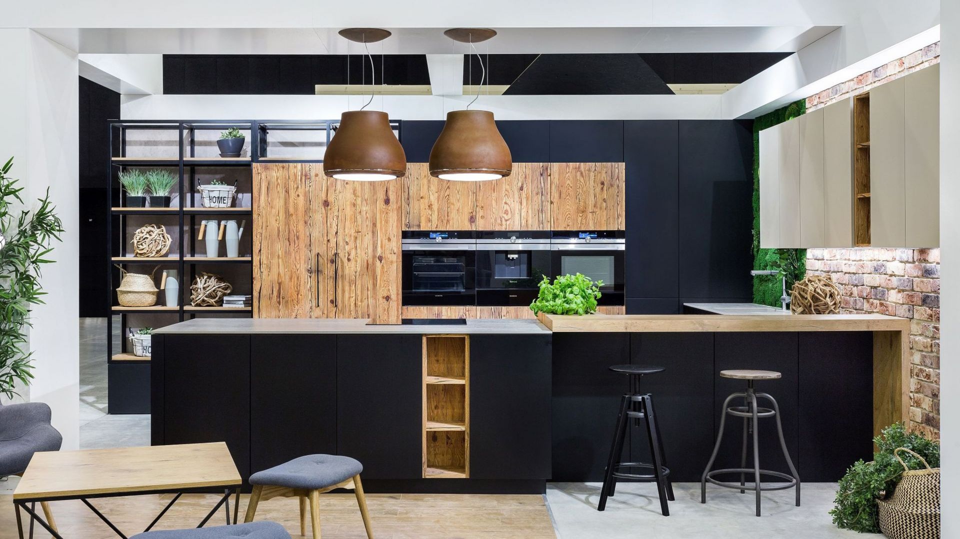 Black kitchen wooden countertop