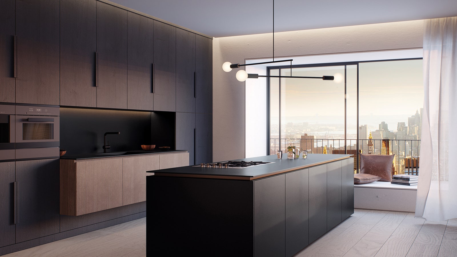 Minimalistic black kitchen with wood