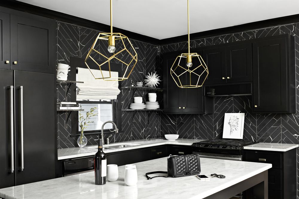 Black kitchen golden lamps