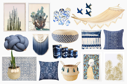 Decoración de dormitorio Boho en azul y azul marino