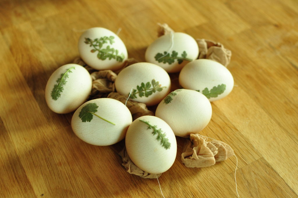 Preparing Easter eggs with floral pattern