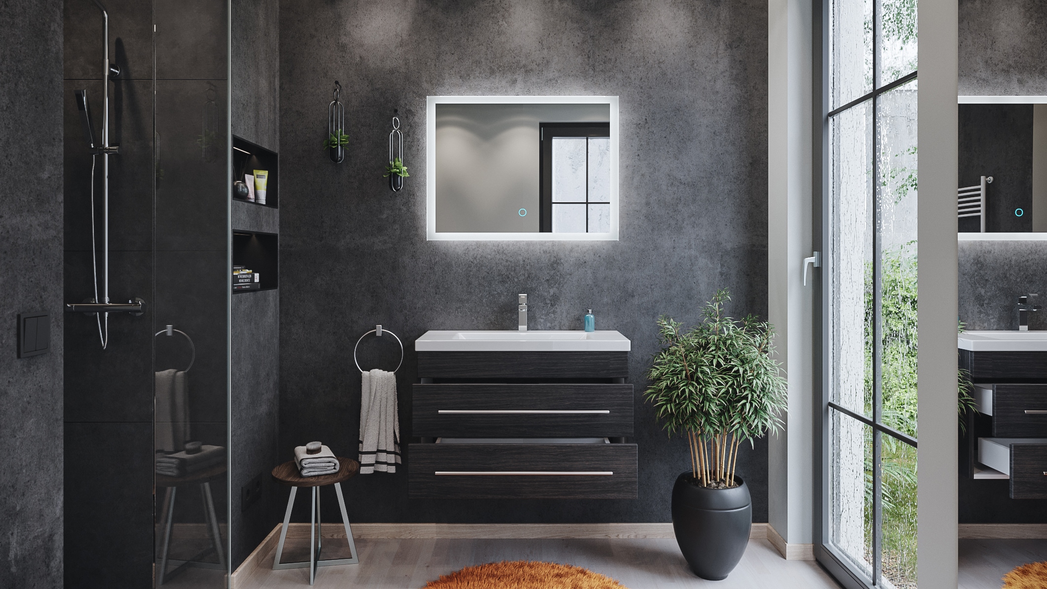 Decorazione in legno per il bagno grigio