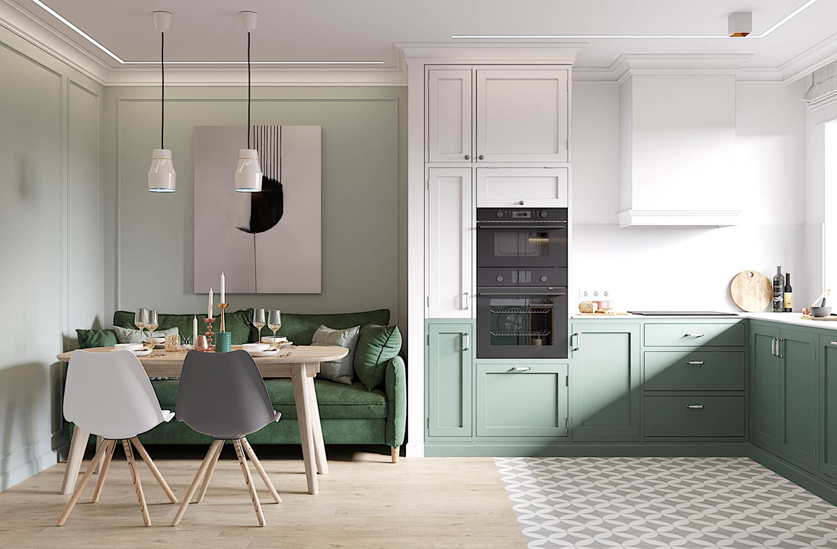 Cocina verde con color blanco