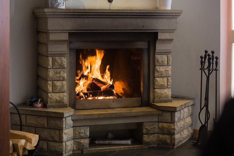 Stone tile fireplace