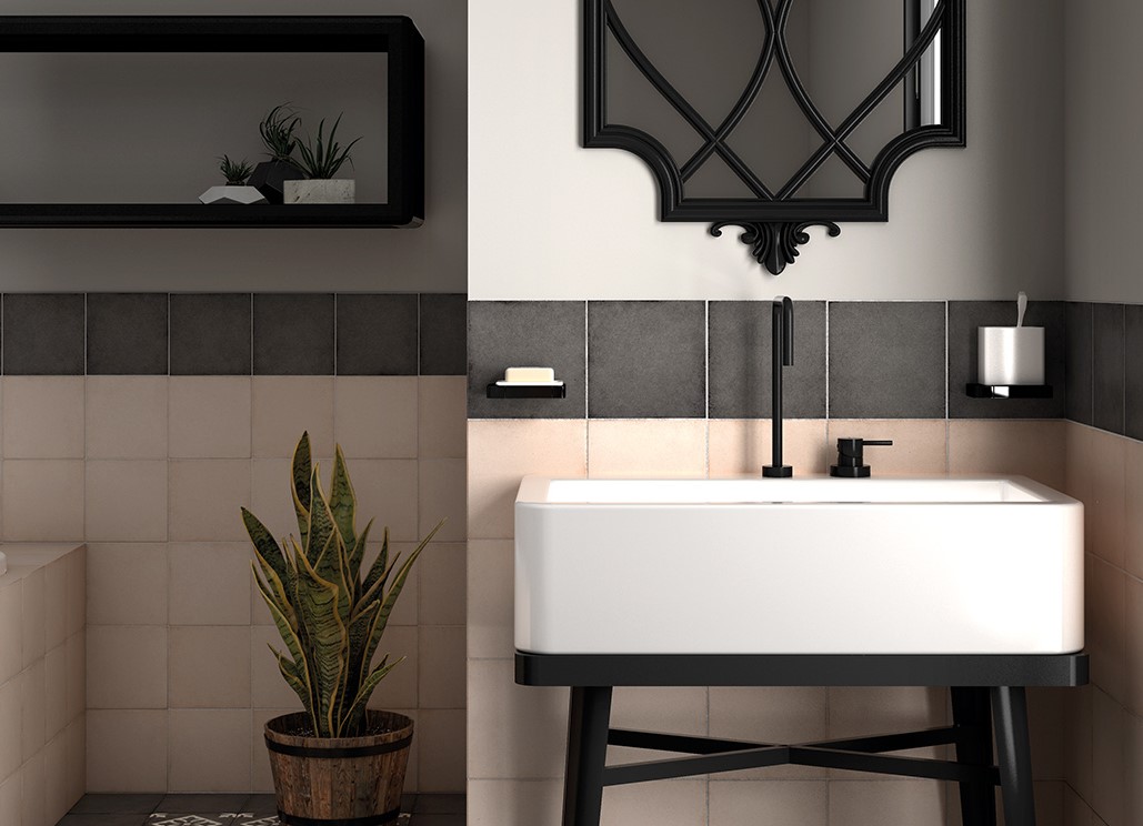 A modern attic bathroom – black accessories and green color