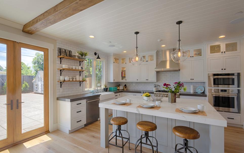 A well illuminated farmhouse kitchen