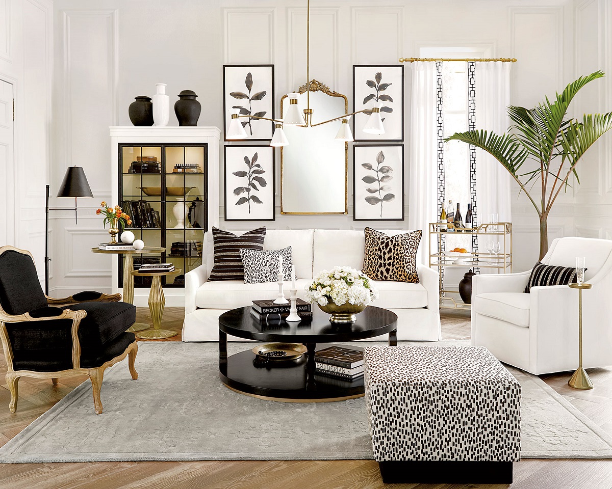 A glam living room with a bit of black