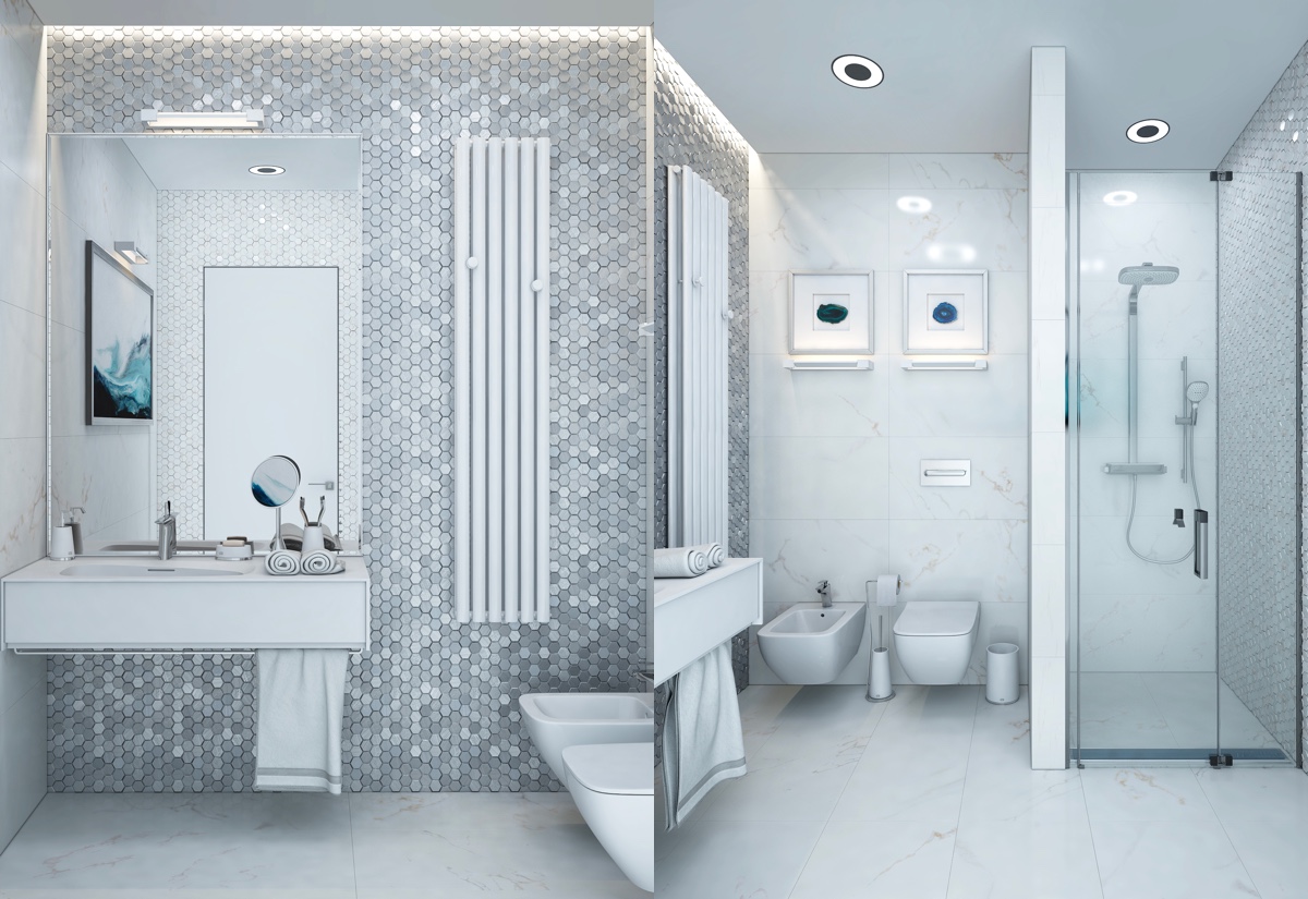 Interesante baño blanco y gris