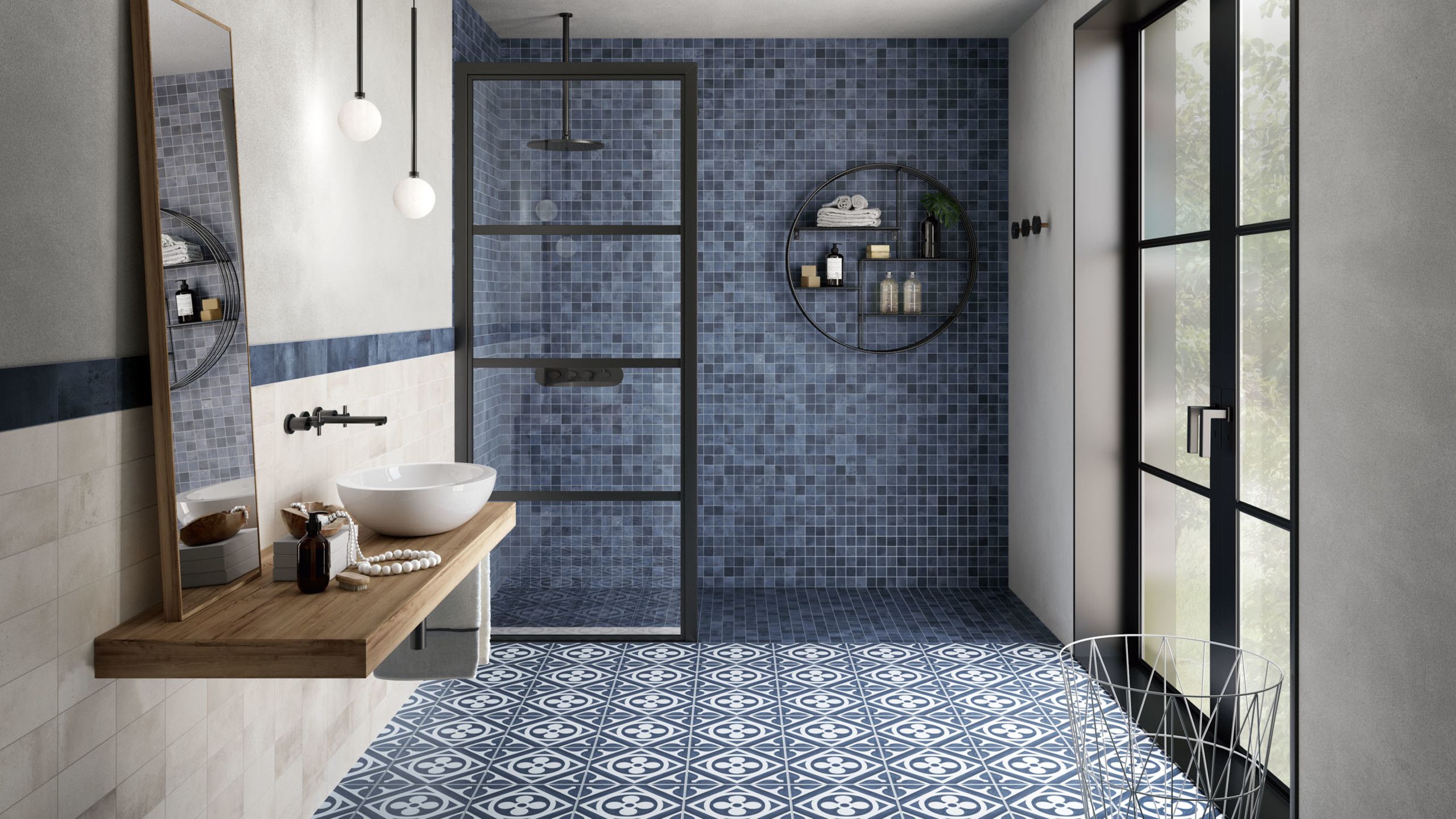 Interesante cuarto de baño gris con azul oscuro